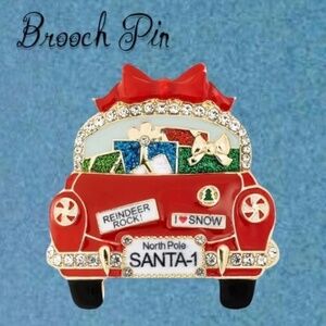 HOLIDAY LANE Gold-Tone Crystal & Glitter Santa Gift Car Pin NWT